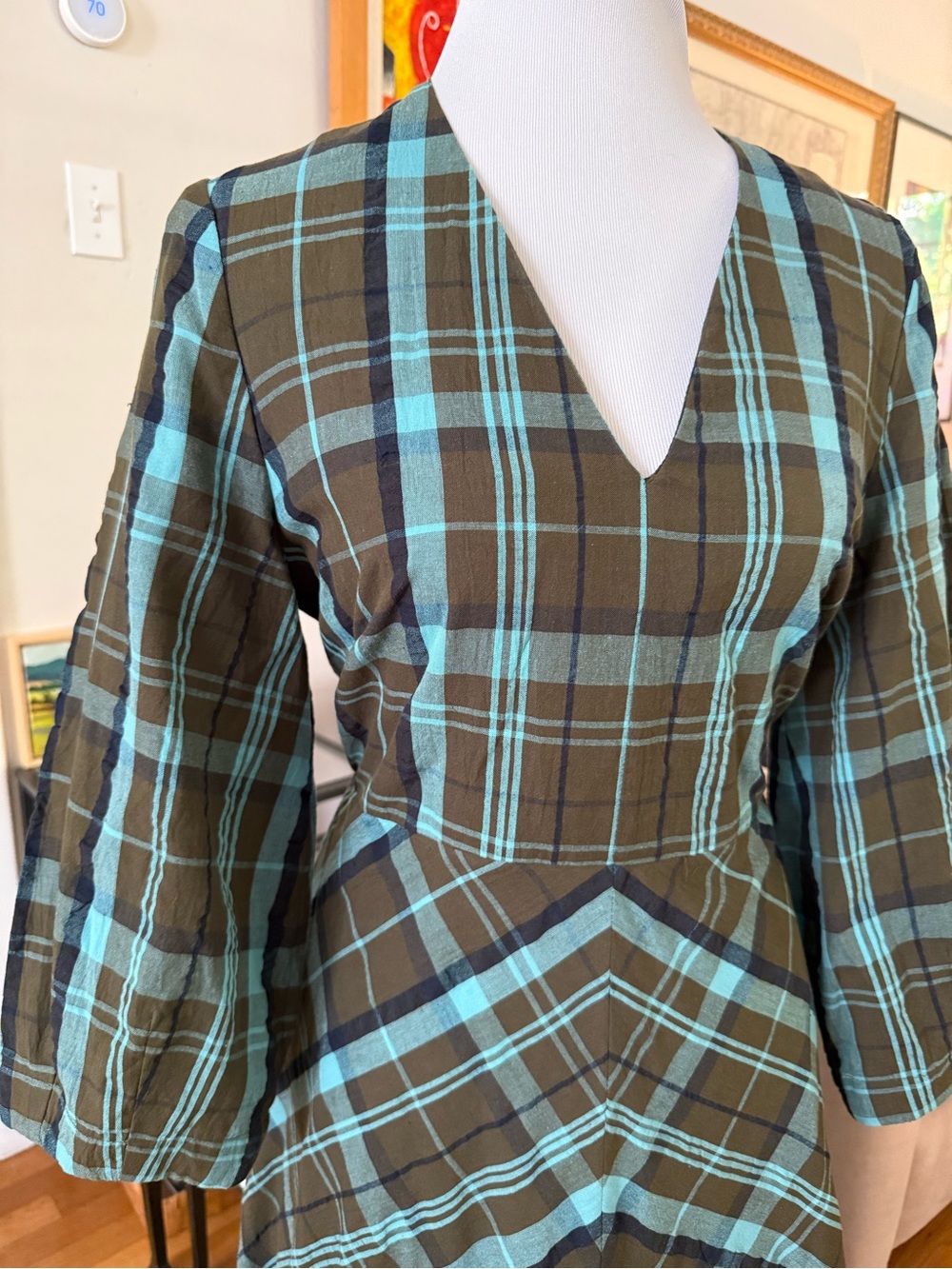 TOAST Astrid Seersucker Green & Teal Plaid V-Neck Midi Dress UK14 - Picture 4 of 7
